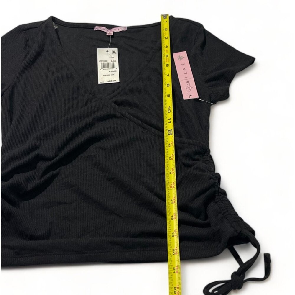 Crave Fame Ruched Knit V-Neck Wrap Top With Drawstrings In Black For Juniors' - Picture 3 of 9